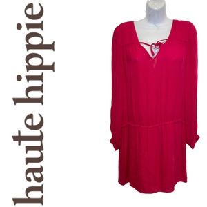 HAUTE HIPPIE Women Long Sleeve Split Neck Silk Dress Style hhr13-5026 Size Large